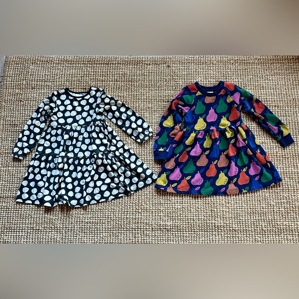 Two size 5 Hanna Andersson Long Sleeve Dresses, black and white polka dot & pear